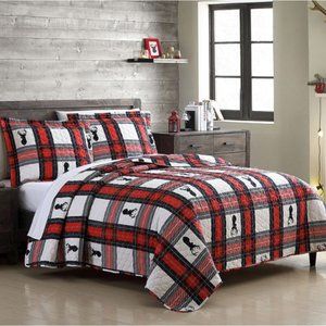 New 3 Piece Reindeer Plaid Polyester Quilt Set • QUEEN • Red Black White